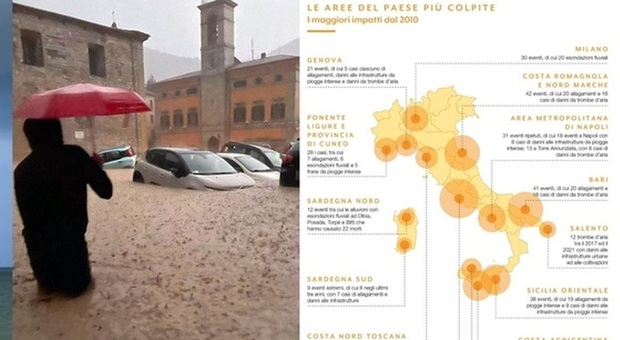 Clima in Italia, eventi estremi in aumento: le 14 aree più a rischio da nord a sud