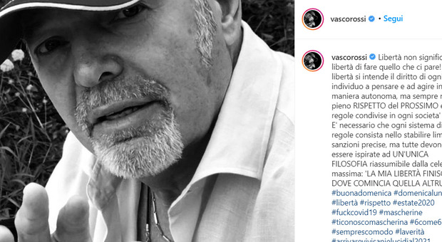 Vasco Rossi e il Covid, il post su Instagram: «Libertà non significa fare ciò che ci pare»