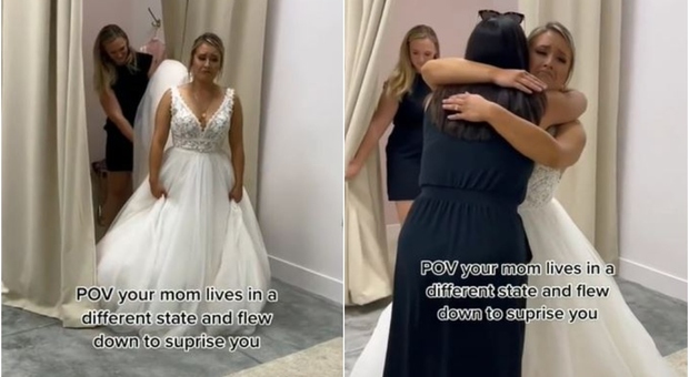 Mamma sorprende figlia mentre compra l'abito da sposa, vola da un altro Stato per abbracciarla