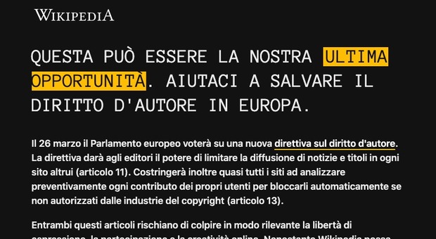 Wikipedia non si apre, pagina in italiano oscurata: «Colpa di una legge»