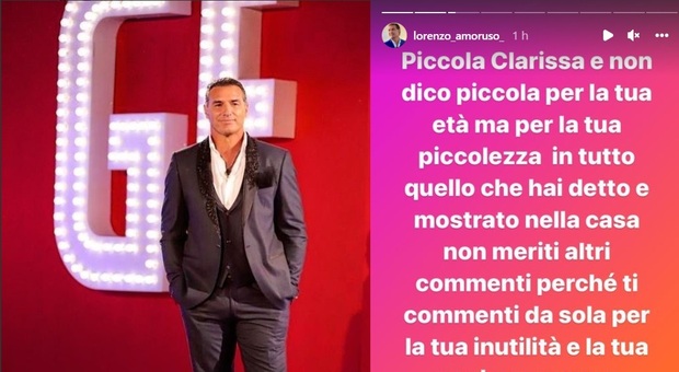 Gf Vip, Lorenzo Amoruso contro Clarissa: «Ti commenti da sola per la tua inutilità e la tua pochezza »