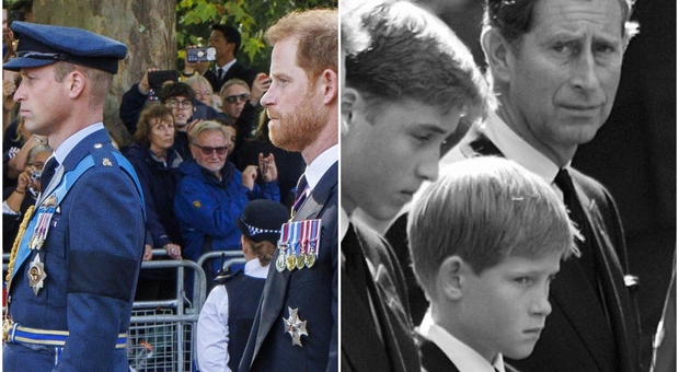 Regina Elisabetta, William e Harry insieme al padre Carlo nel corteo verso Westminster come ai funerali di Lady Diana