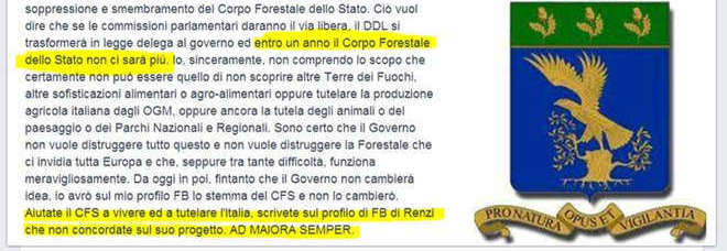 Abolizione Forestale, il comandante regionale arringa su Fb: «Protestate con Renzi»