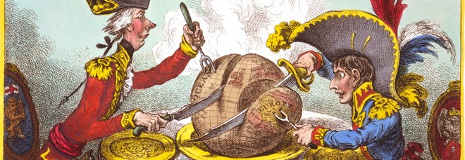 Pitt e Napoleone, mentre cercano di spartirsi il globo, caricatura di James Gillray, 1805