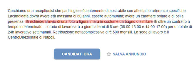 Annuncio di lavoro choc a Napoli: «Cerchiamo receptionist, mandare foto in costume»