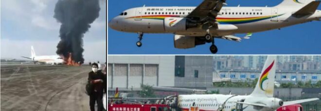 Fuga dall'aereo in fiamme per i passaggeri del volo per il Tibet: decollo abortito e Airbus 319 fuori pista Video Foto