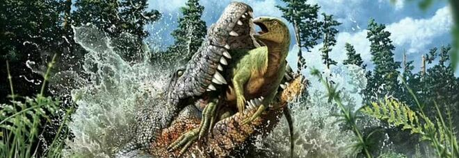 Una ricostruzione cattura gli ultimi istanti di vita di un ornitopode nelle fauci di un coccodrillo del Cretaceo (Credito immagine: illustrazione di Julius Csotonyi)