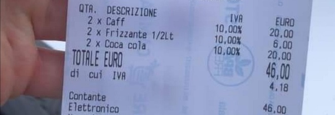 Scontrini pazzi a Positano: due caffè, un'acqua e due coca cola 46 euro